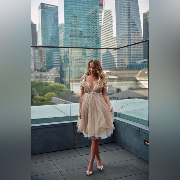 Beige cocktail dress, Beaded evening Midi dress, Airy Party dress,Wedding beige - Picture 5 of 14